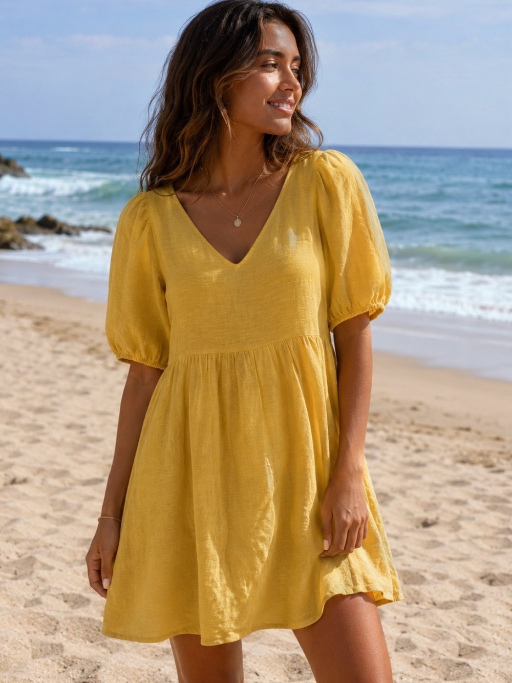 Vero Moda Yellow Cotton Babydoll Mini Dress Puff Sleeve Open Back XS